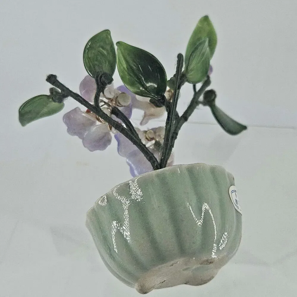 Vintage Jade Glass Bonsai Tree purple Flower Quartz Celadon Pot small 5